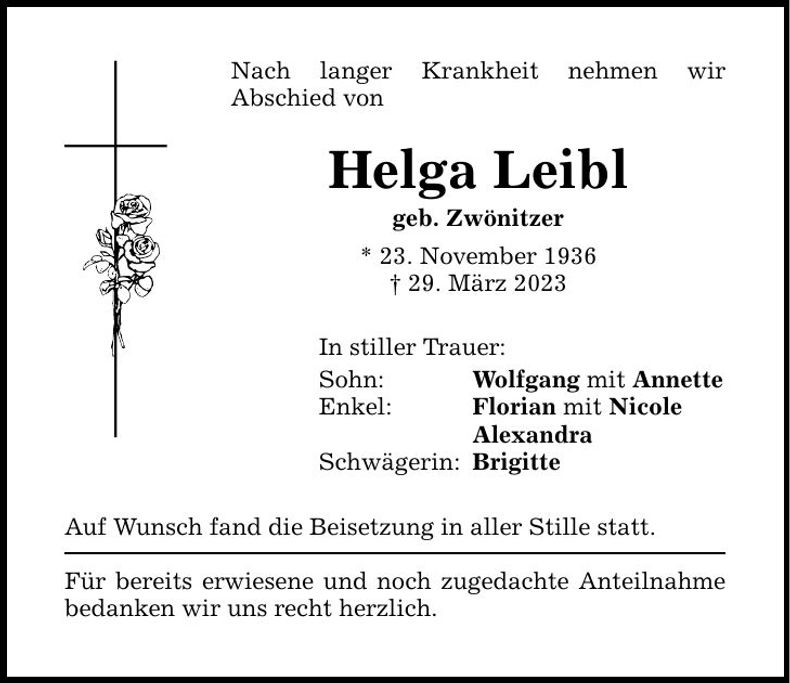 Traueranzeige Helga Leibl