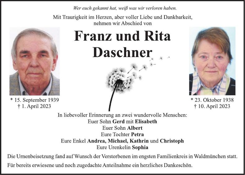 Traueranzeige Franz und Rita Daschner
