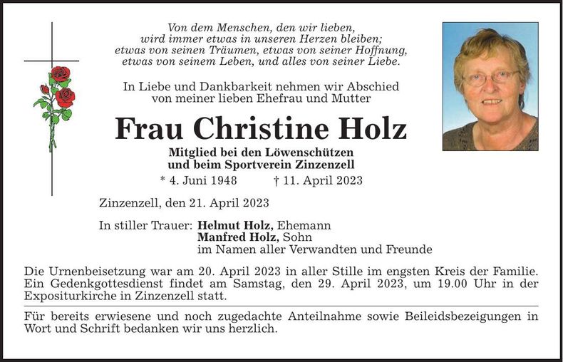Traueranzeige Christine Holz
