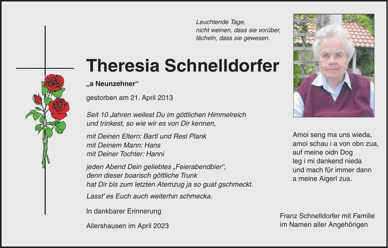 Traueranzeige Theresia Schnelldorfer