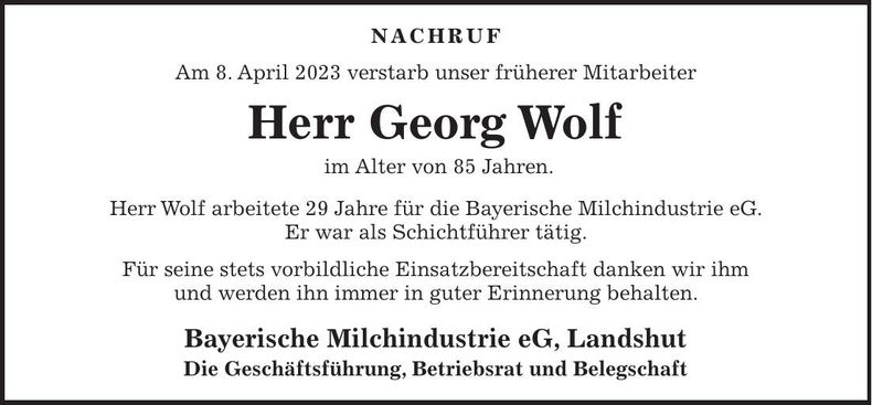 Traueranzeige Georg Wolf