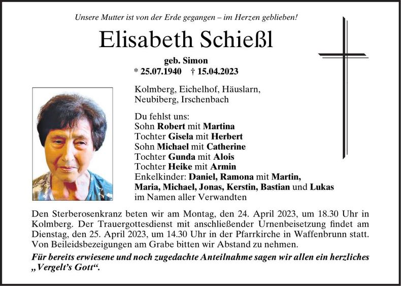 Traueranzeige Elisabeth Schießl