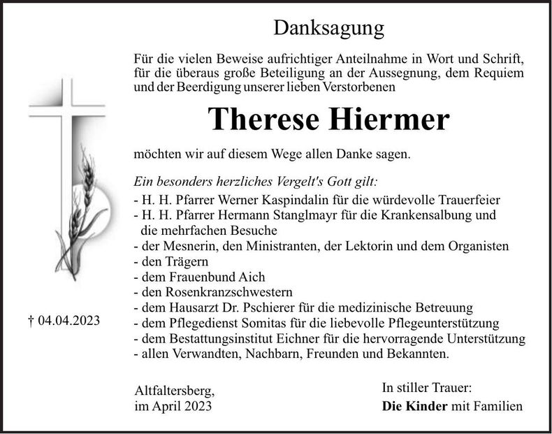 Traueranzeige Therese Hiermer