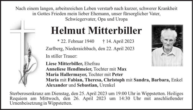 Traueranzeige Helmut Mitterbiller