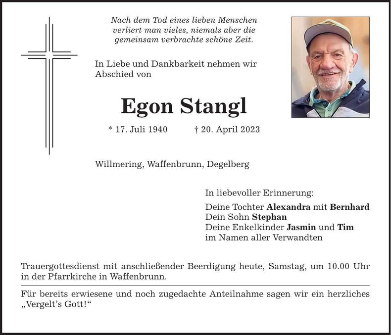 Traueranzeige Egon Stangl