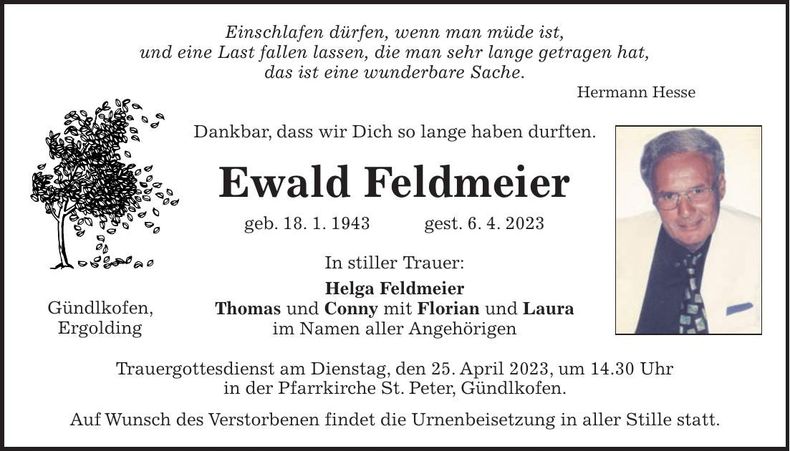 Traueranzeige Ewald Feldmeier