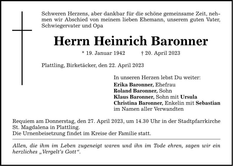 Traueranzeige Heinrich Baronner