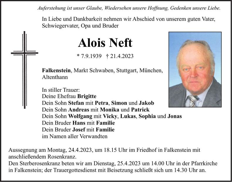 Traueranzeige Alois Neft