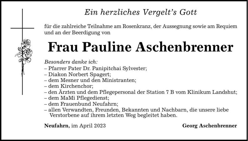 Traueranzeige Pauline Aschenbrenner