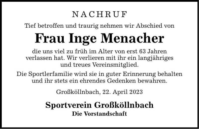 Traueranzeige Inge Menacher