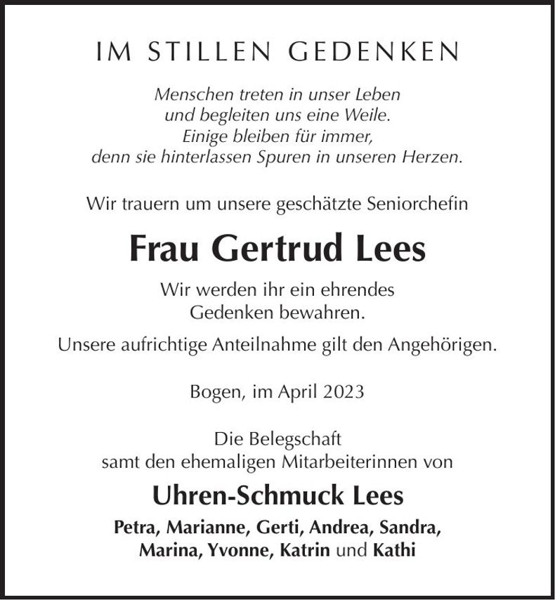 Traueranzeige Gertrud Lees