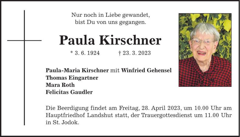 Traueranzeige Paula Kirschner