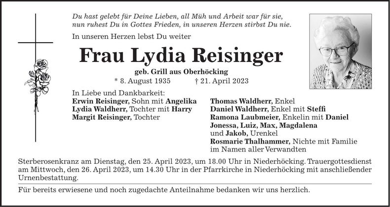 Traueranzeige Lydia Reisinger
