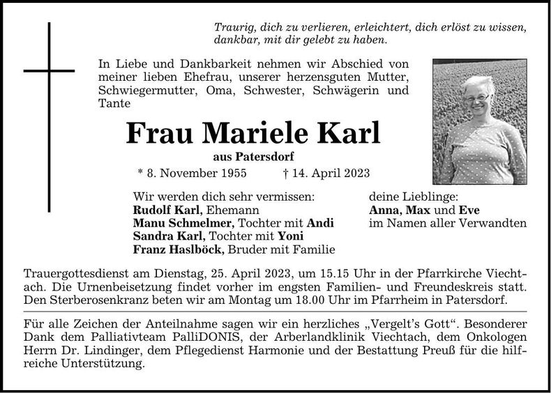 Traueranzeige Mariele Karl