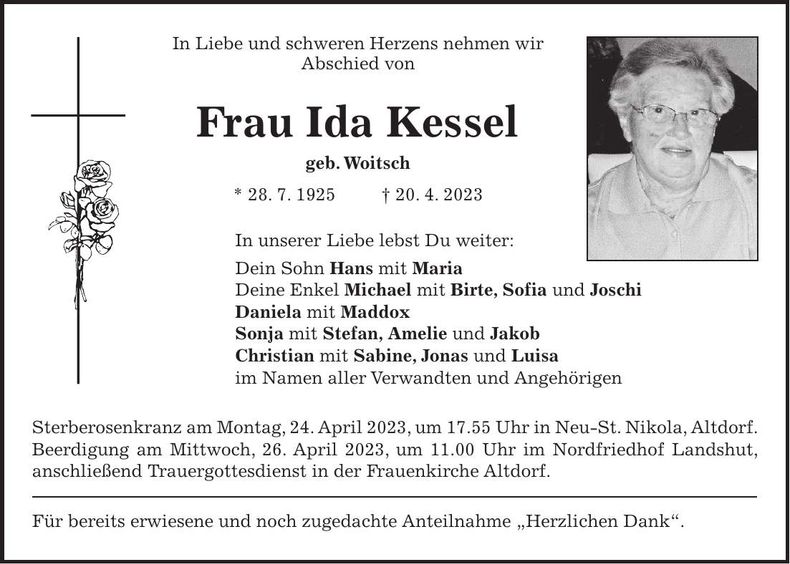 Traueranzeige Ida Kessel