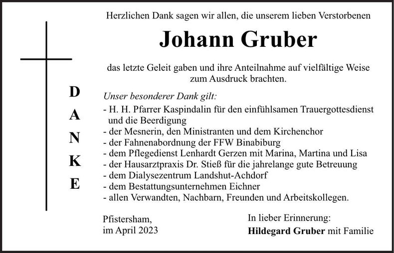 Traueranzeige Johann Gruber