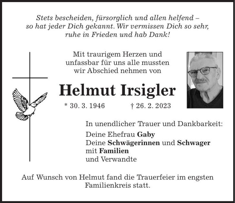 Traueranzeige Helmut Irsigler