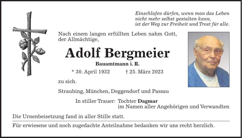 Traueranzeige Adolf Bergmeier