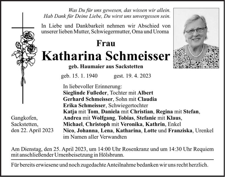 Traueranzeige Katharina Schmeisser