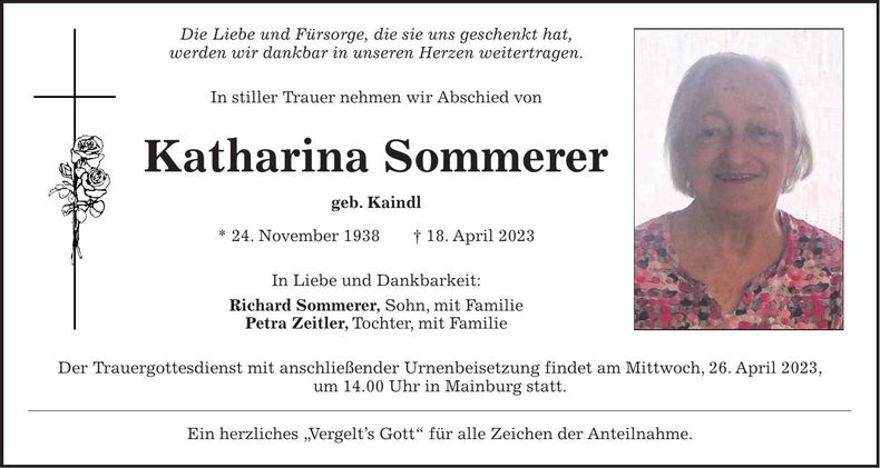 Traueranzeige Katharina Sommerer