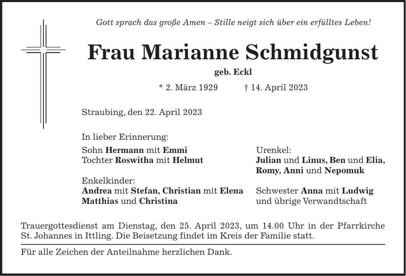 Traueranzeige Marianne Schmidgunst