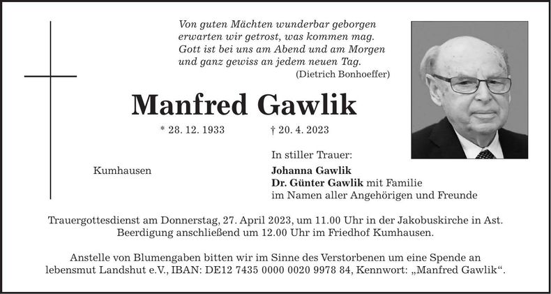 Traueranzeige Manfred Gawlik