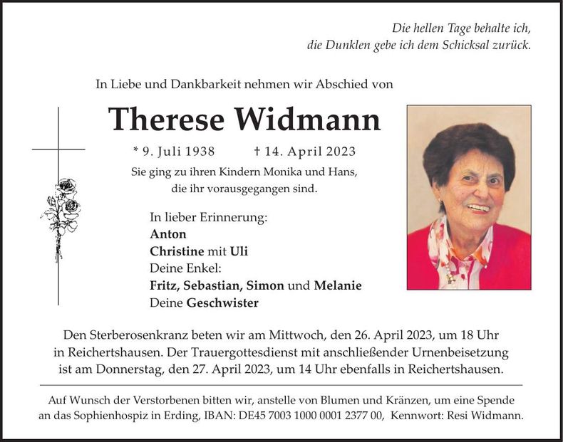 Traueranzeige Therese Widmann