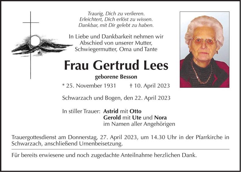 Traueranzeige Gertrud Lees