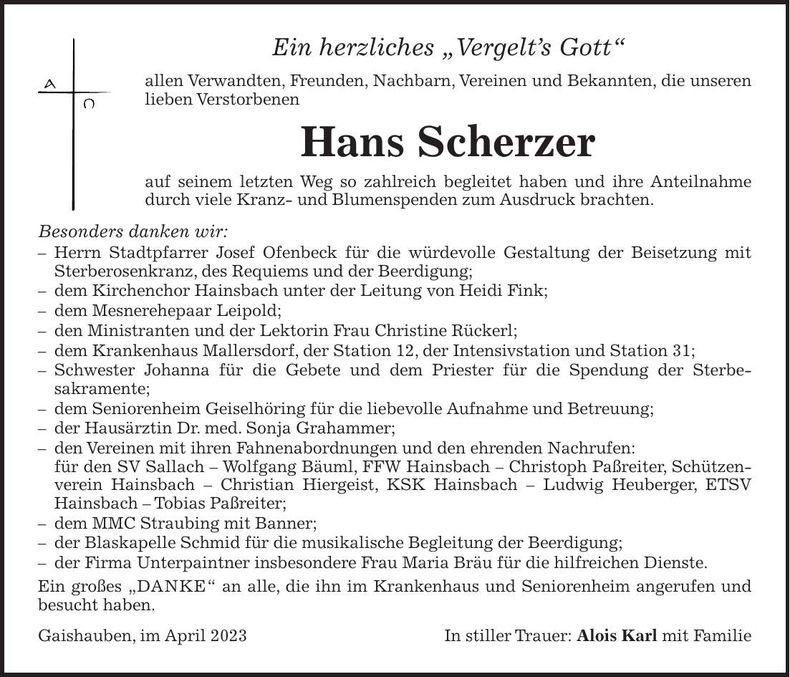 Traueranzeige Hans Scherzer