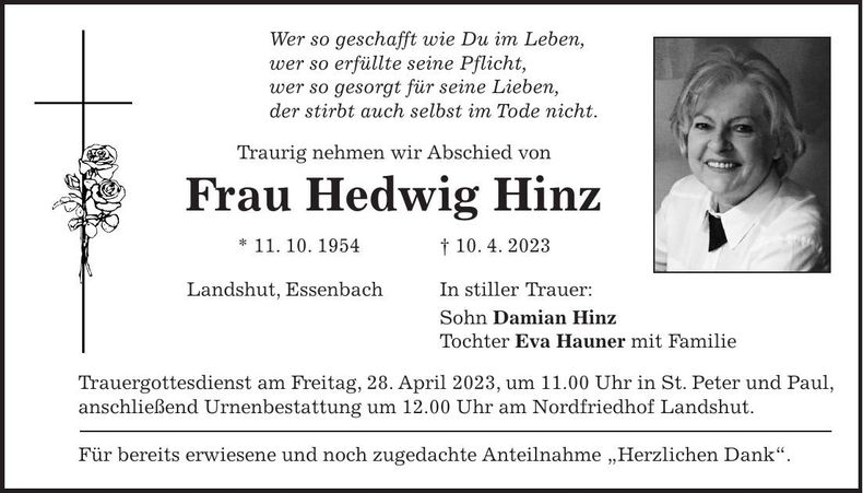 Traueranzeige Hedwig Hinz