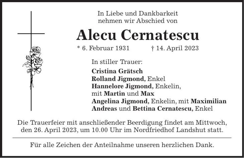 Traueranzeige Alecu Cernatescu