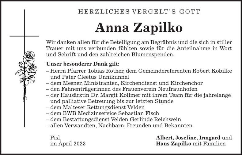 Traueranzeige Anna Zapilko