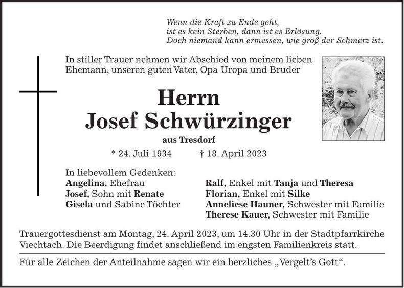 Traueranzeige Josef Schwürzinger