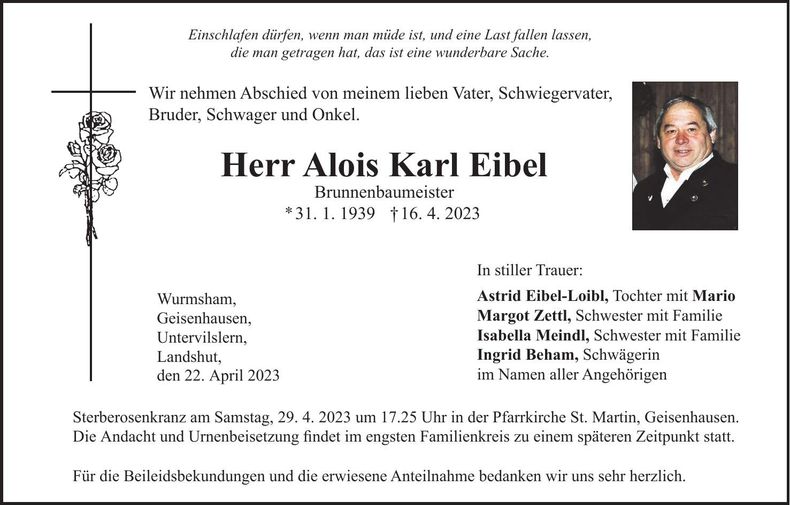 Traueranzeige Alois Karl Eibel