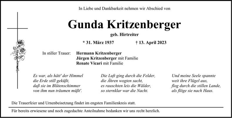 Traueranzeige Gunda Kritzenberger