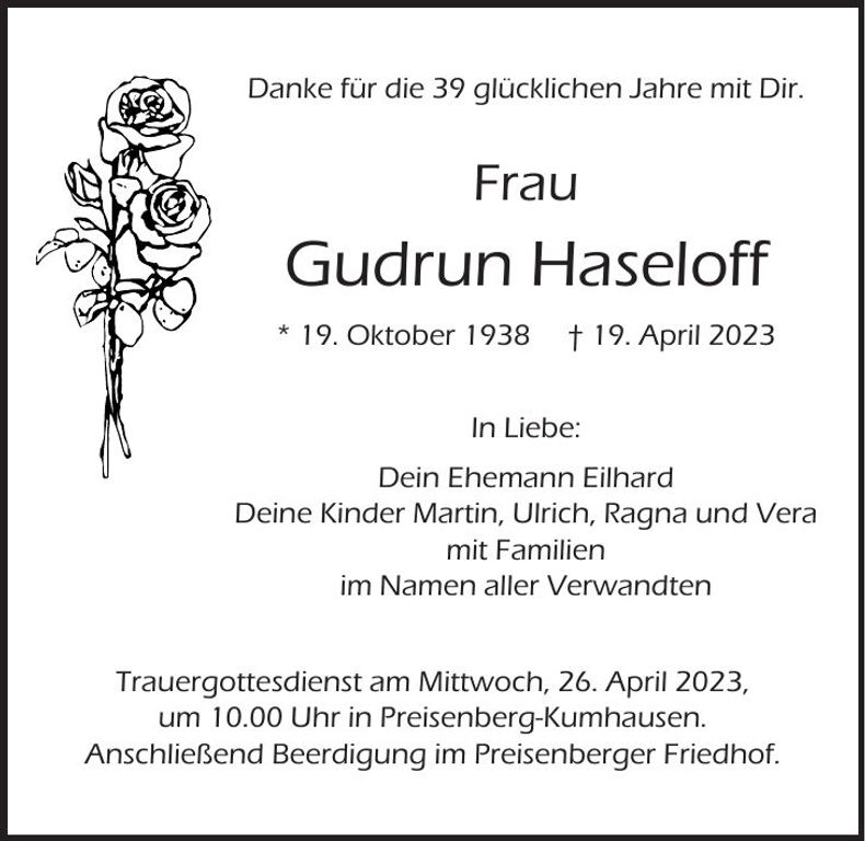 Traueranzeige Gudrun Haseloff