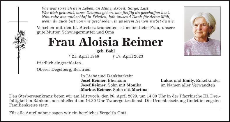 Traueranzeige Aloisia Reimer