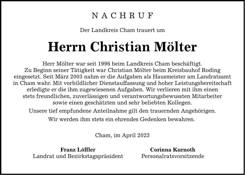 Traueranzeige Christian Mölter