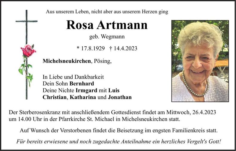 Traueranzeige Rosa Artmann