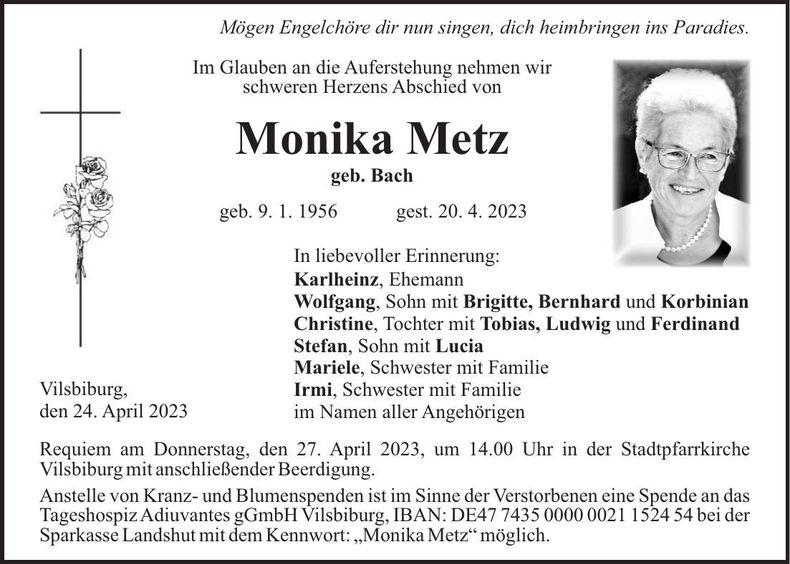 Traueranzeige Monika Metz
