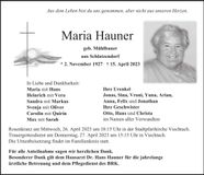 Traueranzeige Maria Hauner