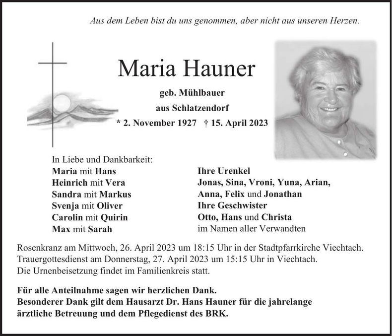Traueranzeige Maria Hauner