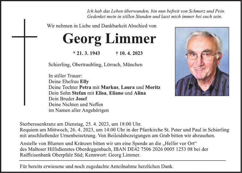 Traueranzeige Georg Limmer