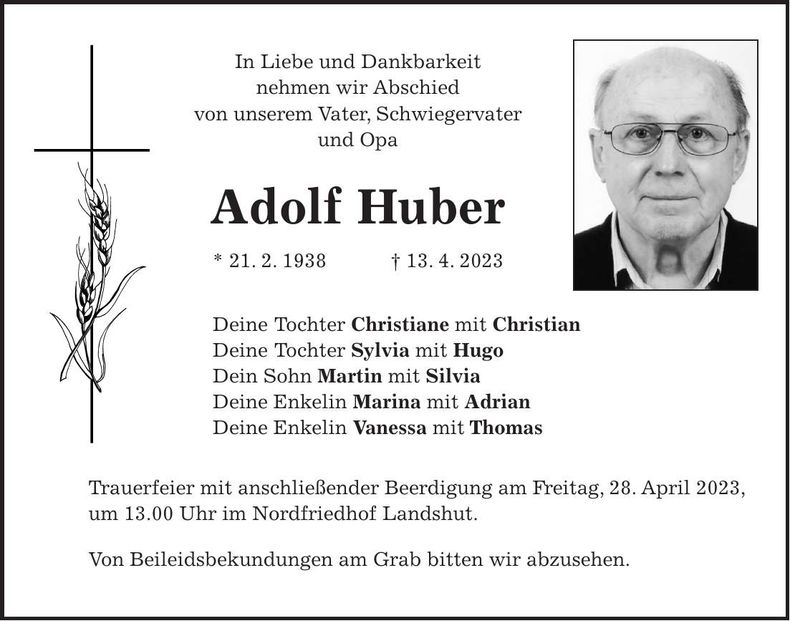 Traueranzeige Adolf Huber