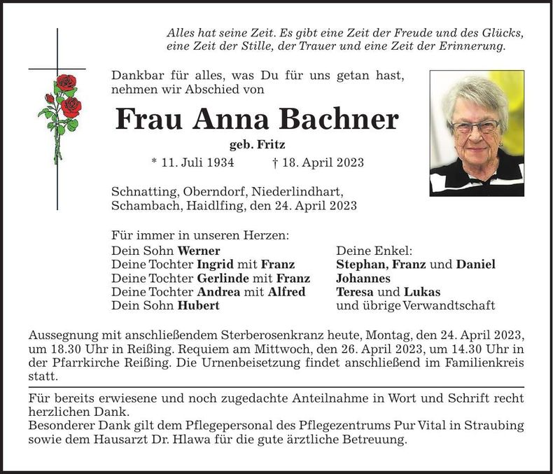 Traueranzeige Anna Bachner