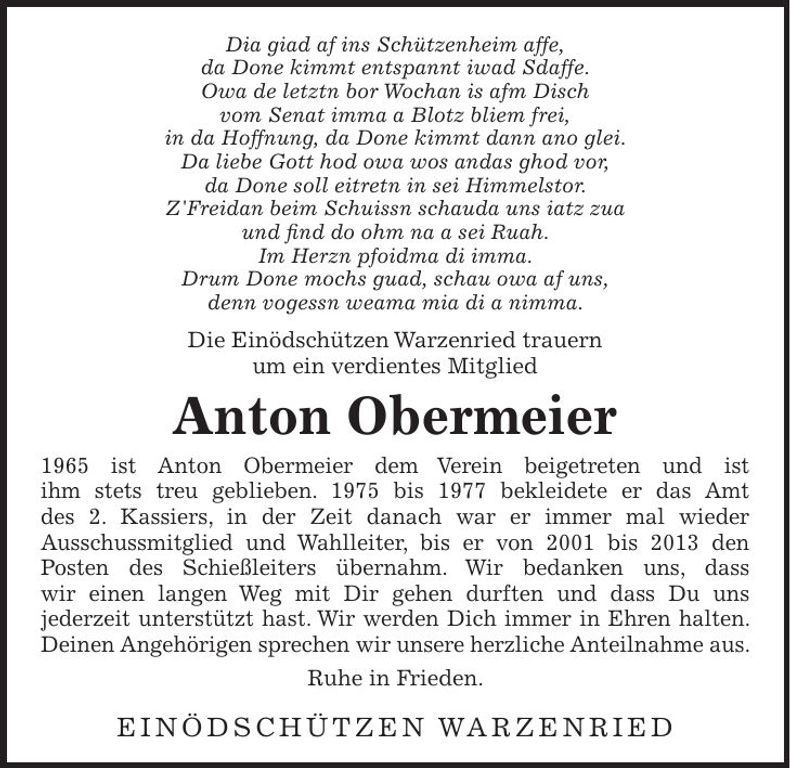 Traueranzeige Anton Obermeier