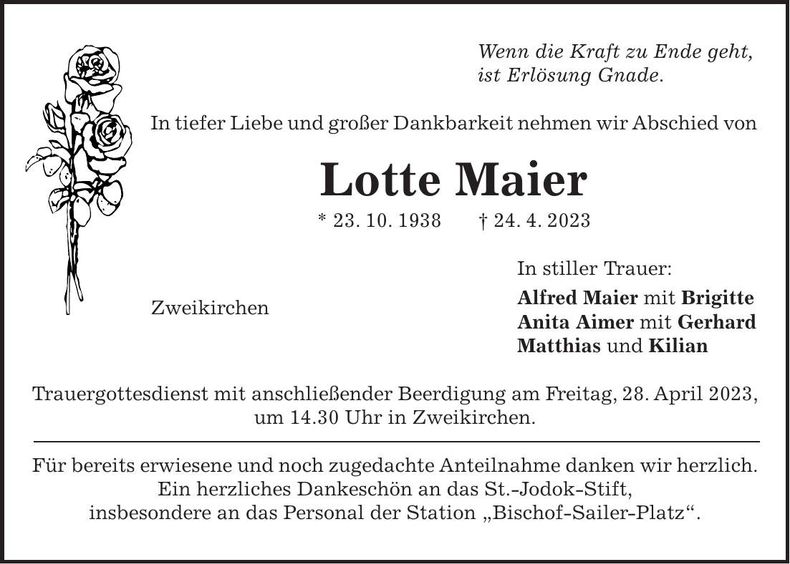 Traueranzeige Lotte Maier