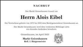 Traueranzeige Alois Eibel