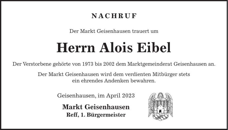 Traueranzeige Alois Eibel
