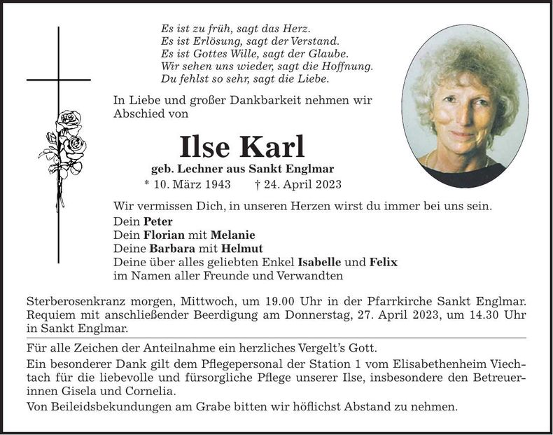 Traueranzeige Ilse Karl